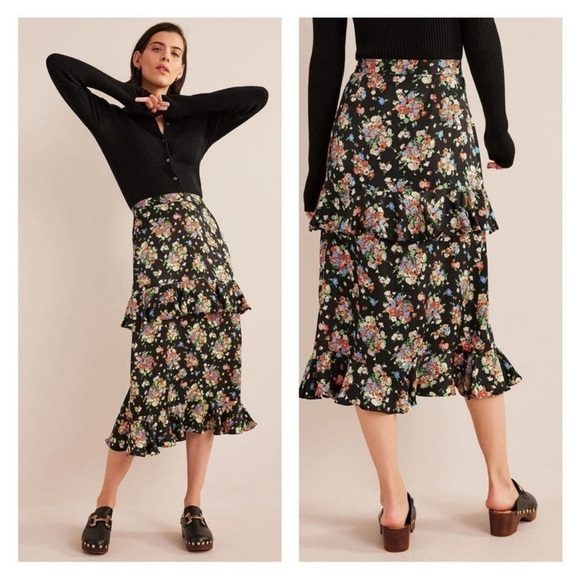 NEW Boden Floral Ruffle Midi Skirt SIZE 10 black tiered - Picture 1 of 7